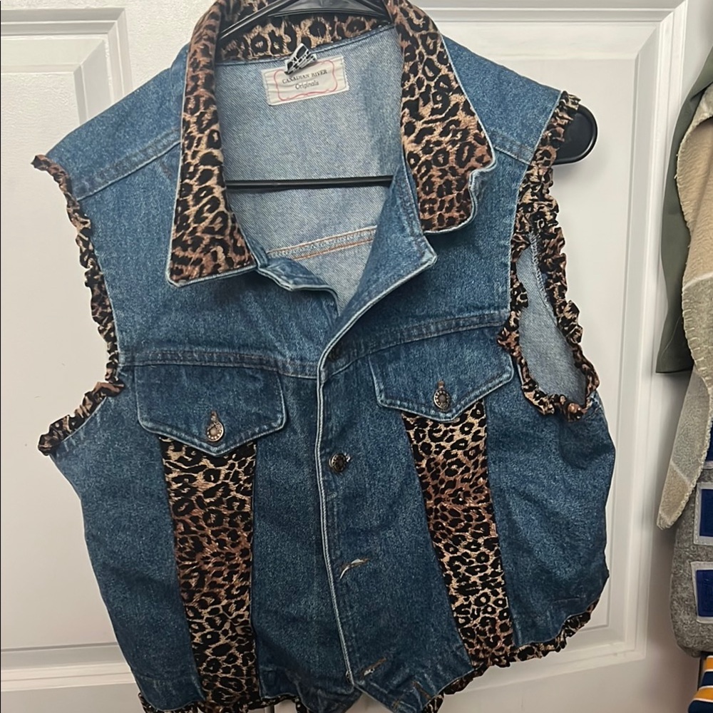 Leopard Trim Denim Vest
